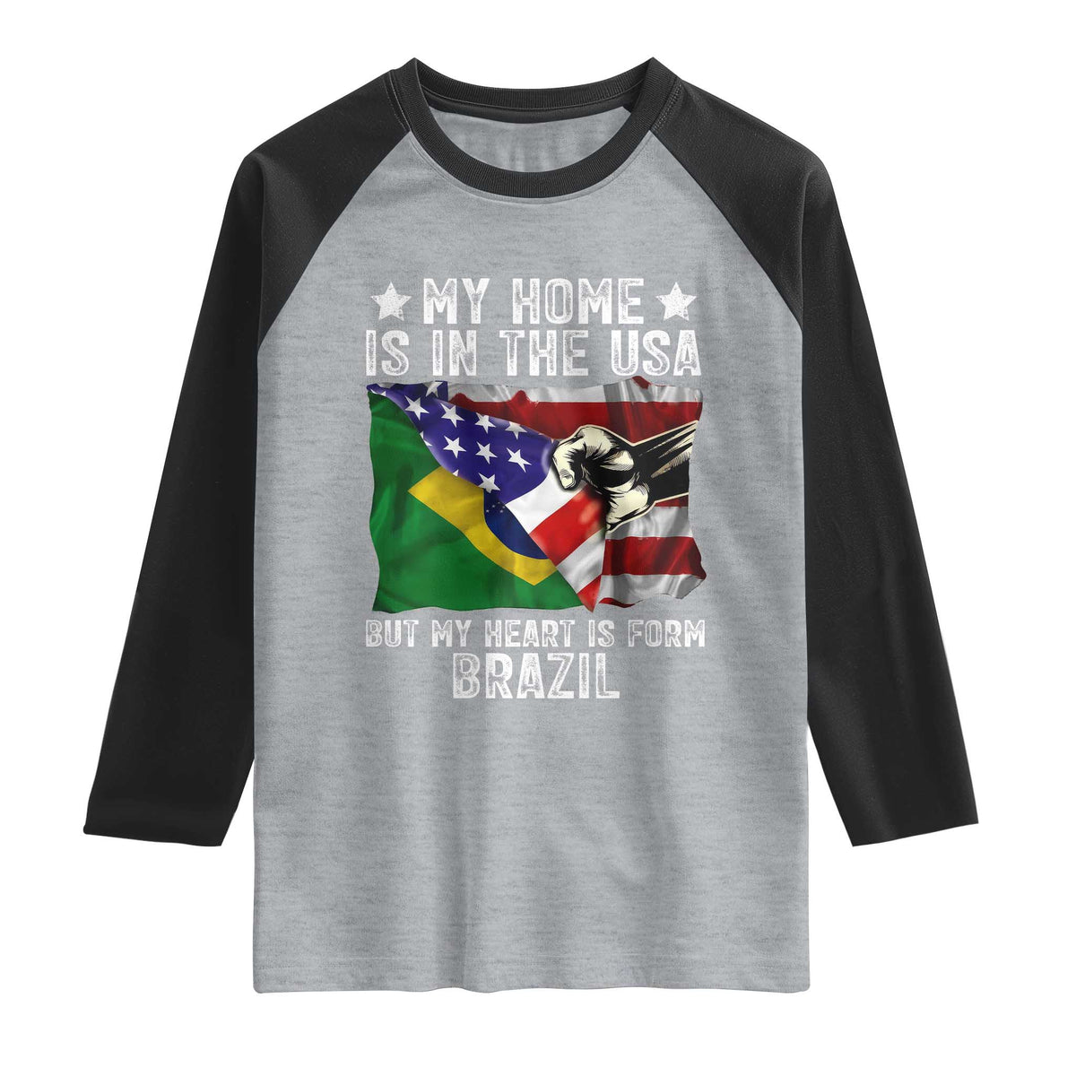 Brazilian American Patriot Heart Is From Brazil Flag Raglan Shirt TS14 Heather Gray Black Print Your Wear