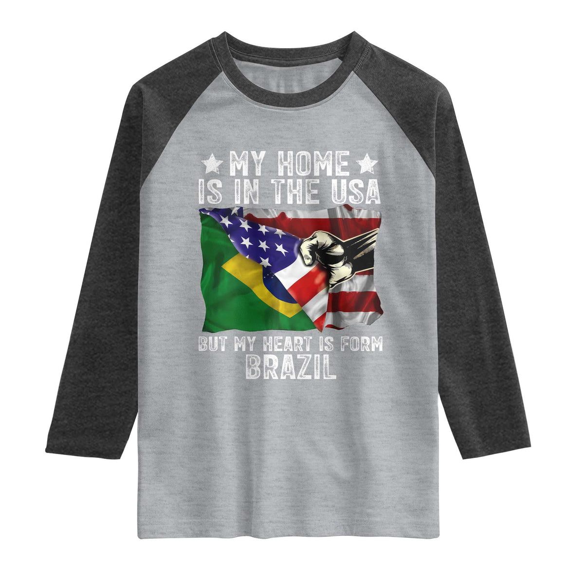 Brazilian American Patriot Heart Is From Brazil Flag Raglan Shirt TS14 Heather Gray Heather Charcoal Print Your Wear