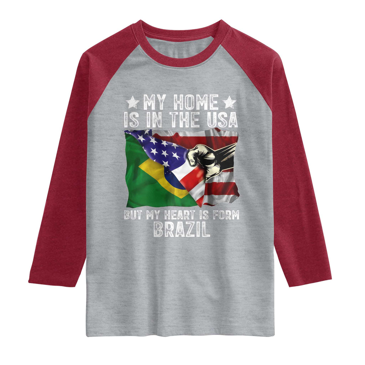 Brazilian American Patriot Heart Is From Brazil Flag Raglan Shirt TS14 Heather Gray Heather Red Print Your Wear
