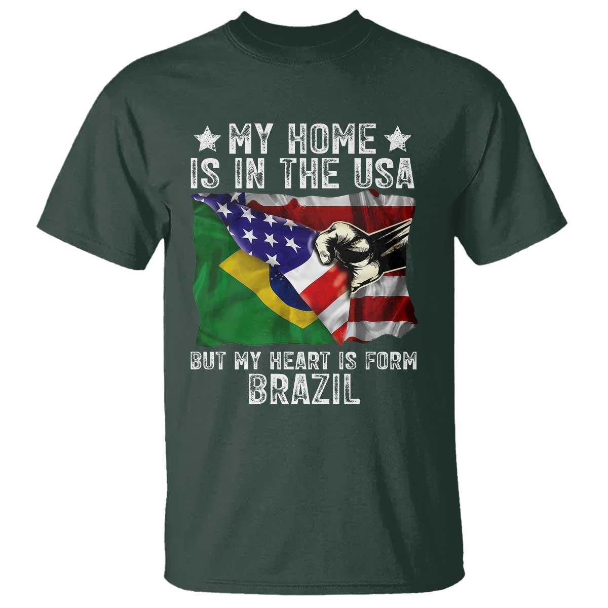 Brazilian American Patriot Heart Is From Brazil Flag T Shirt TS14 Dark Forest Green Print Your Wear