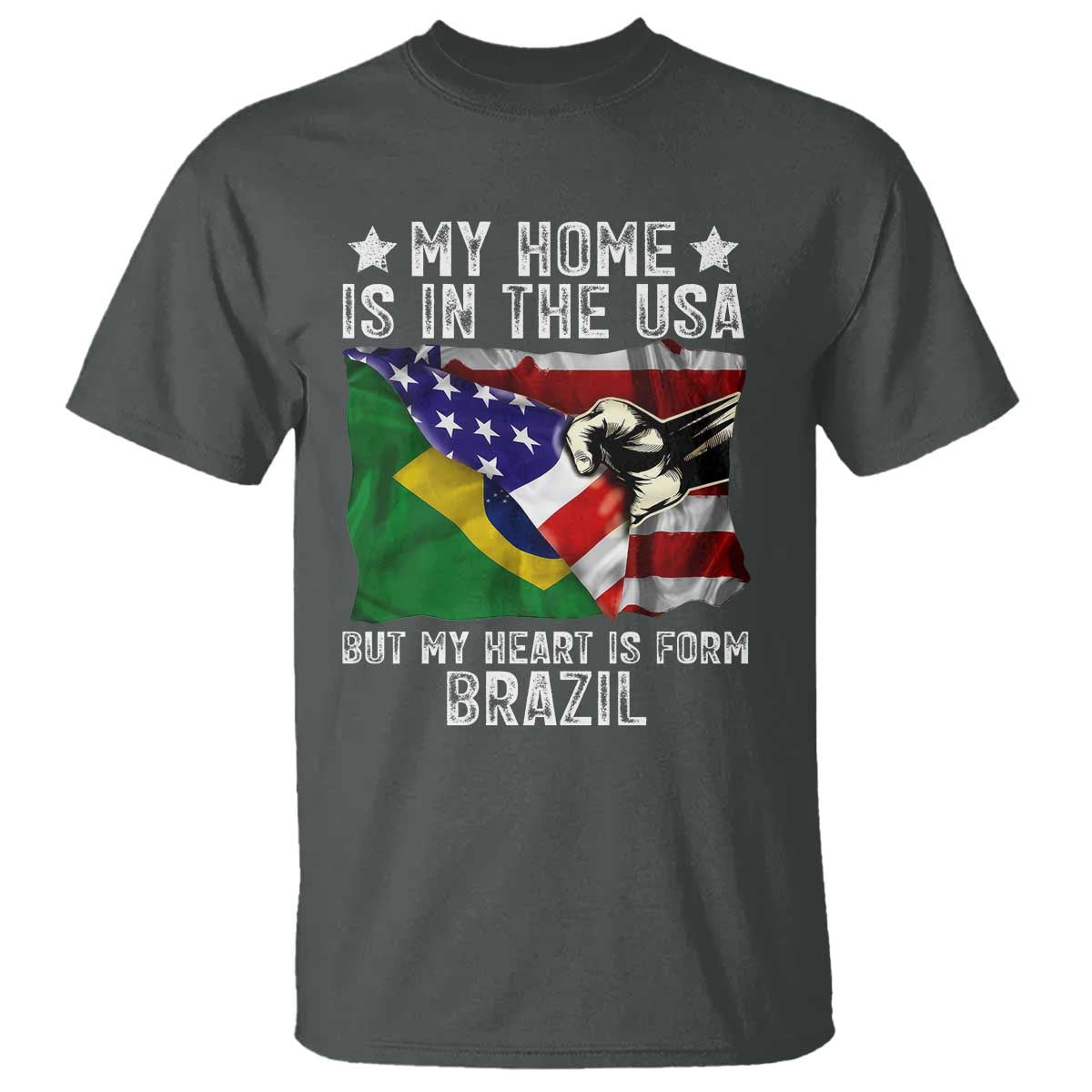 Brazilian American Patriot Heart Is From Brazil Flag T Shirt TS14 Dark Heather Print Your Wear