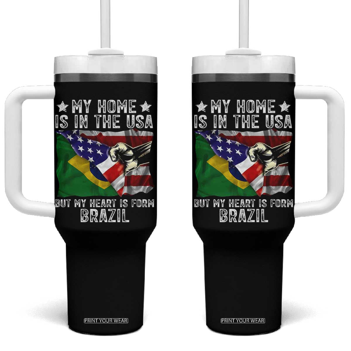 Brazilian American Patriot Heart Is From Brazil Flag Tumbler With Handle TS14 One Size: 40 oz Black Print Your Wear
