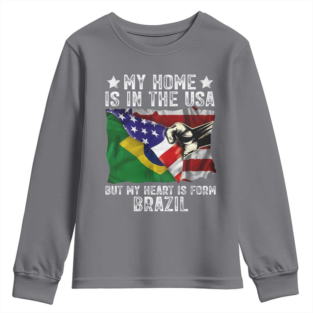 Brazilian American Patriot Heart Is From Brazil Flag Youth Sweatshirt TS14 Charcoal Print Your Wear