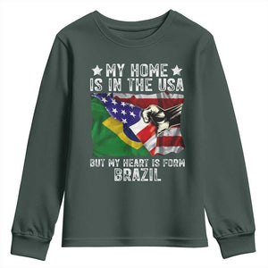 Brazilian American Patriot Heart Is From Brazil Flag Youth Sweatshirt TS14 Dark Forest Green Print Your Wear