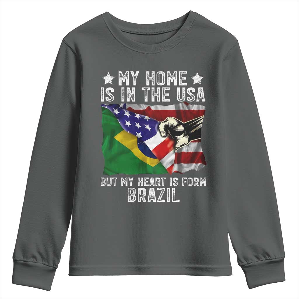 Brazilian American Patriot Heart Is From Brazil Flag Youth Sweatshirt TS14 Dark Heather Print Your Wear
