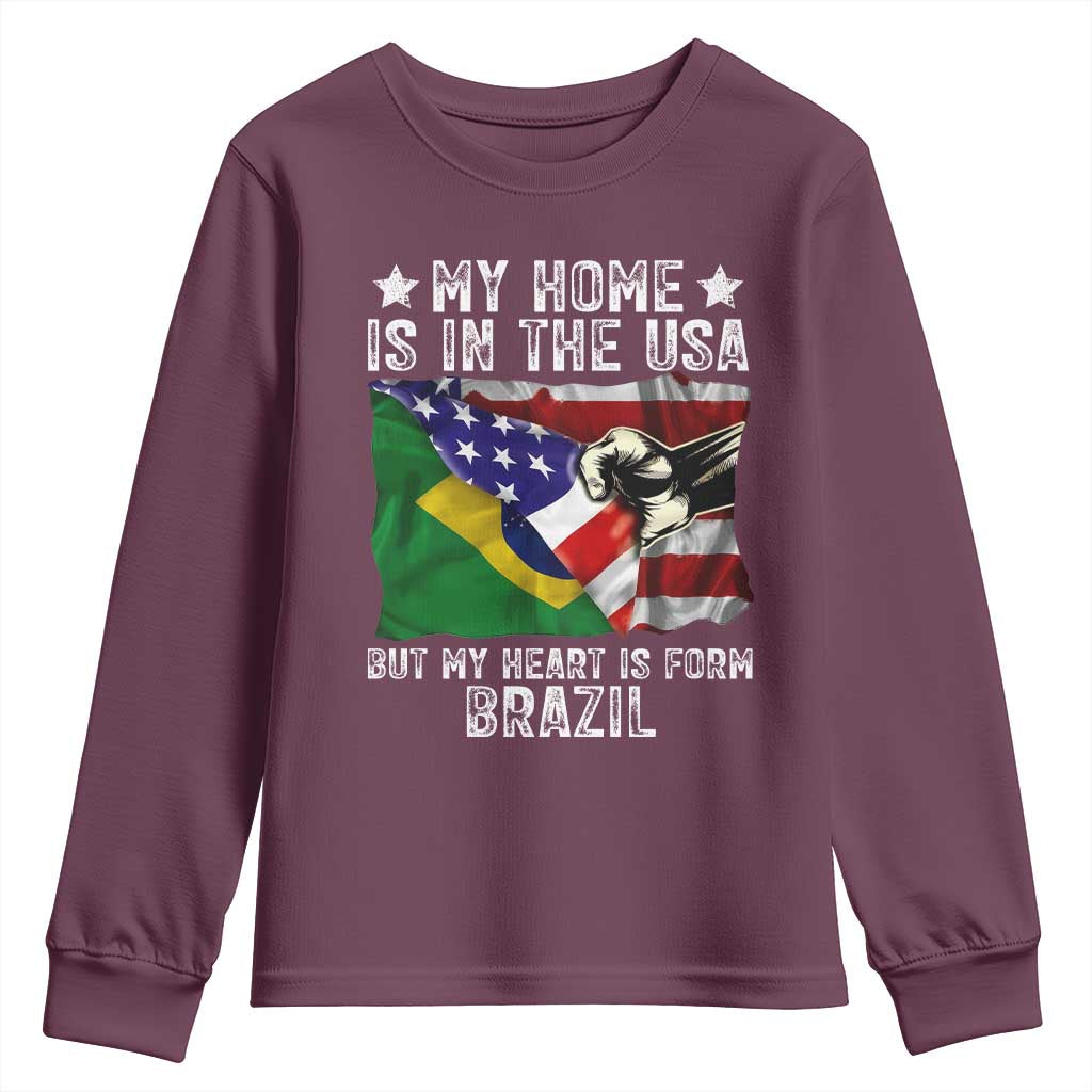Brazilian American Patriot Heart Is From Brazil Flag Youth Sweatshirt TS14 Maroon Print Your Wear