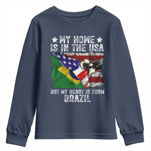 Brazilian American Patriot Heart Is From Brazil Flag Youth Sweatshirt TS14 Navy Print Your Wear