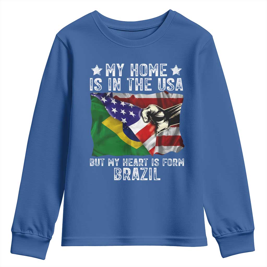 Brazilian American Patriot Heart Is From Brazil Flag Youth Sweatshirt TS14 Royal Blue Print Your Wear