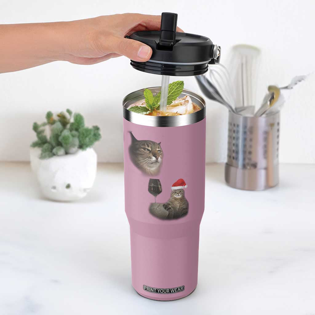 Funny Cat Christmas Flip Straw Tumbler Cats Drinking Wine Oddly Specific Meme TS14 One Size: 30 oz Light Pink Print Your Wear