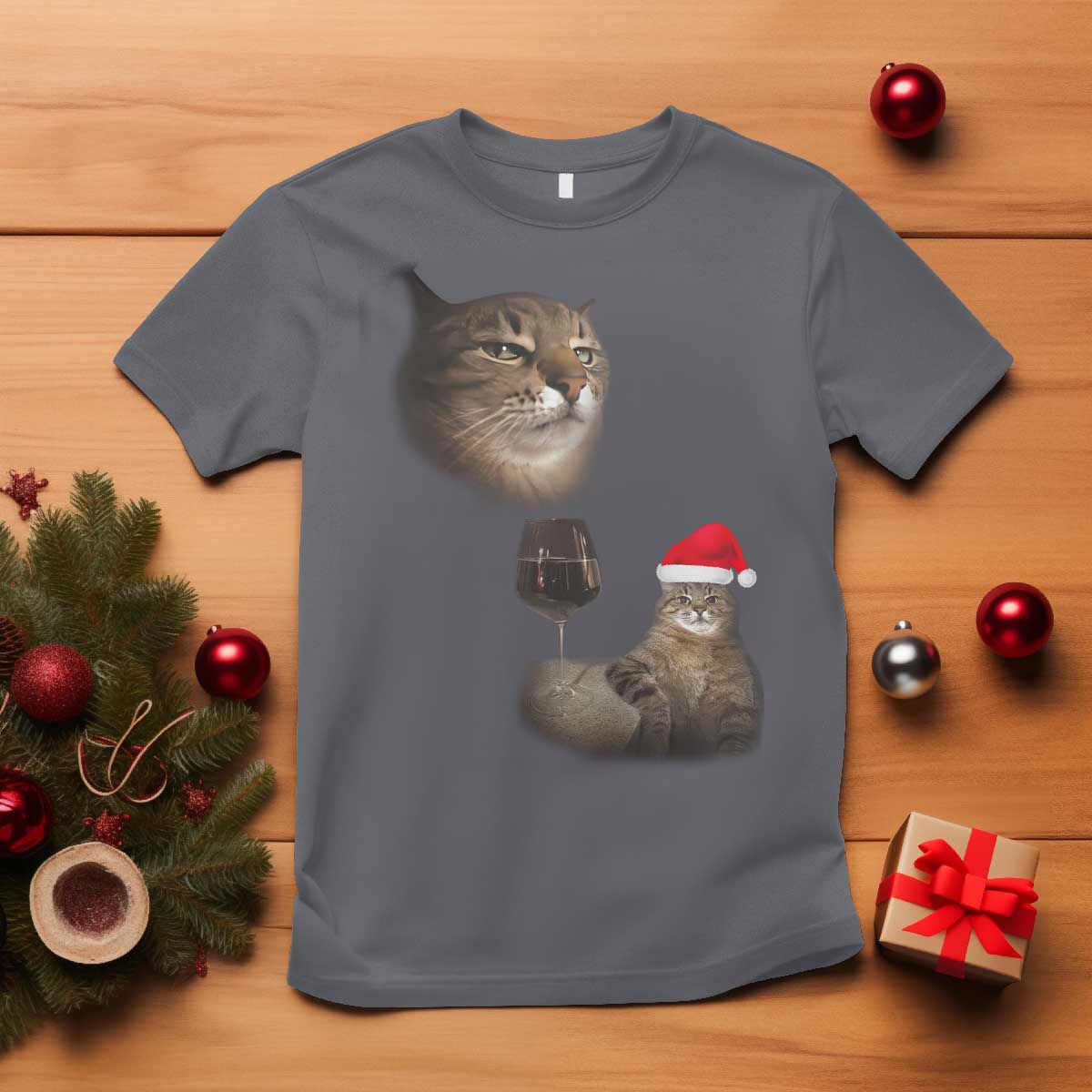 Funny Cat Christmas T Shirt Cats Drinking Wine Oddly Specific Meme TS14 Charcoal Print Your Wear