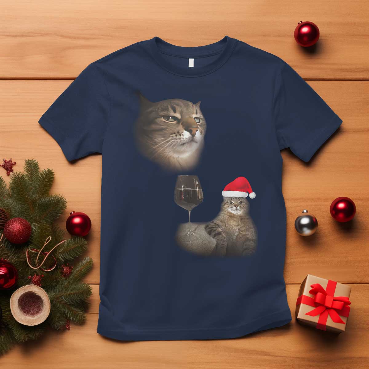 Funny Cat Christmas T Shirt Cats Drinking Wine Oddly Specific Meme TS14 Navy Print Your Wear