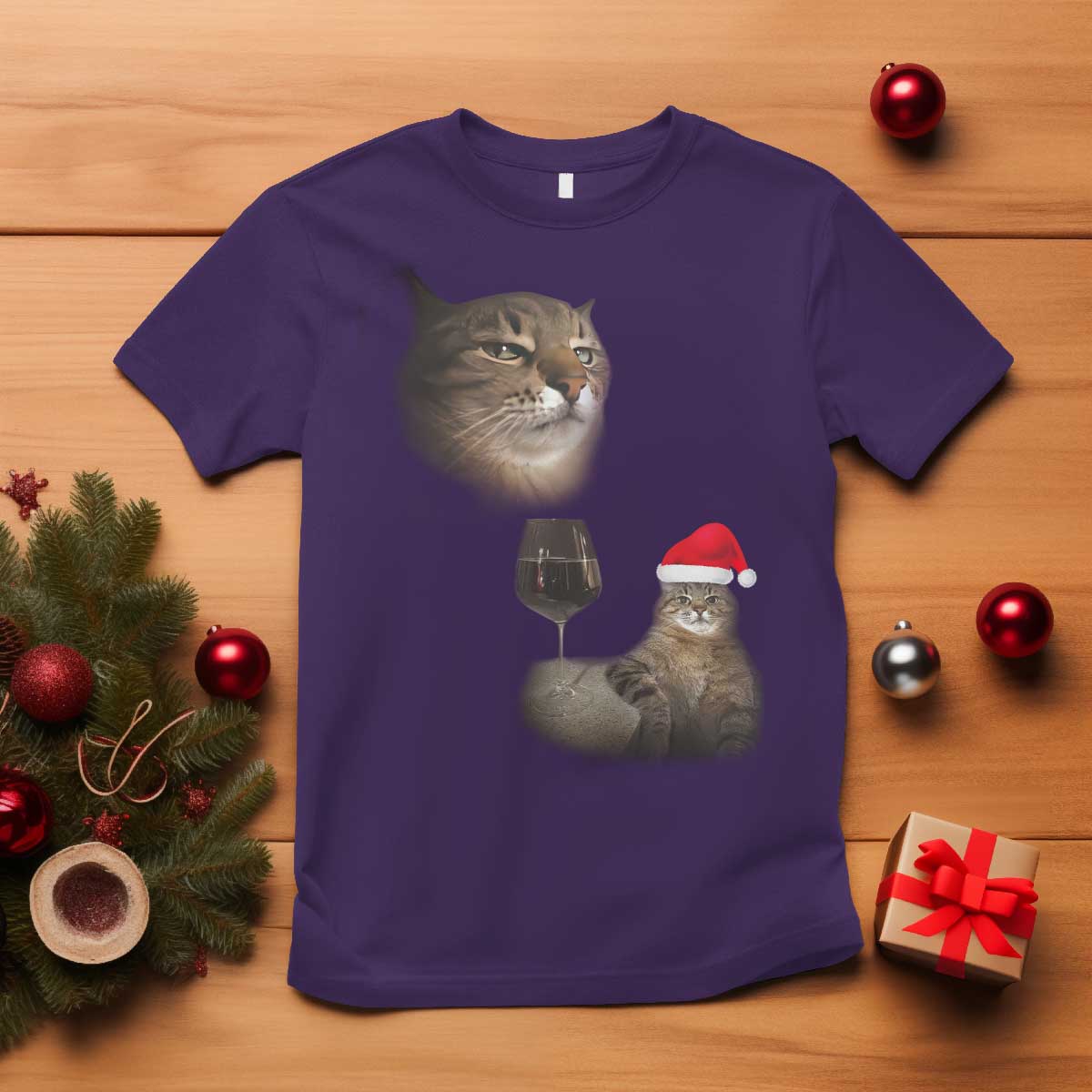 Funny Cat Christmas T Shirt Cats Drinking Wine Oddly Specific Meme TS14 Purple Print Your Wear