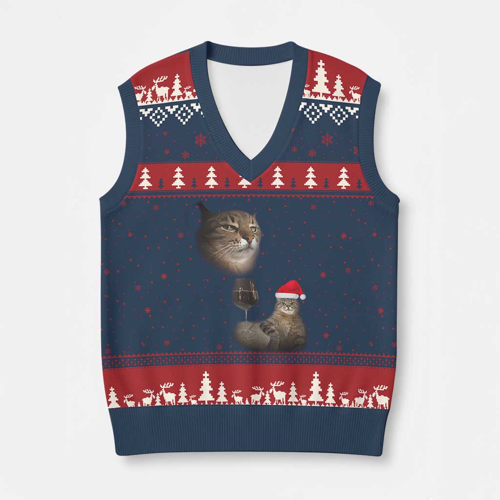 Funny Cat Xmas V-Neck Knit Sweater Vest Cats Drinking Wine Oddly Specific Meme TS14 Navy Red Print Your Wear
