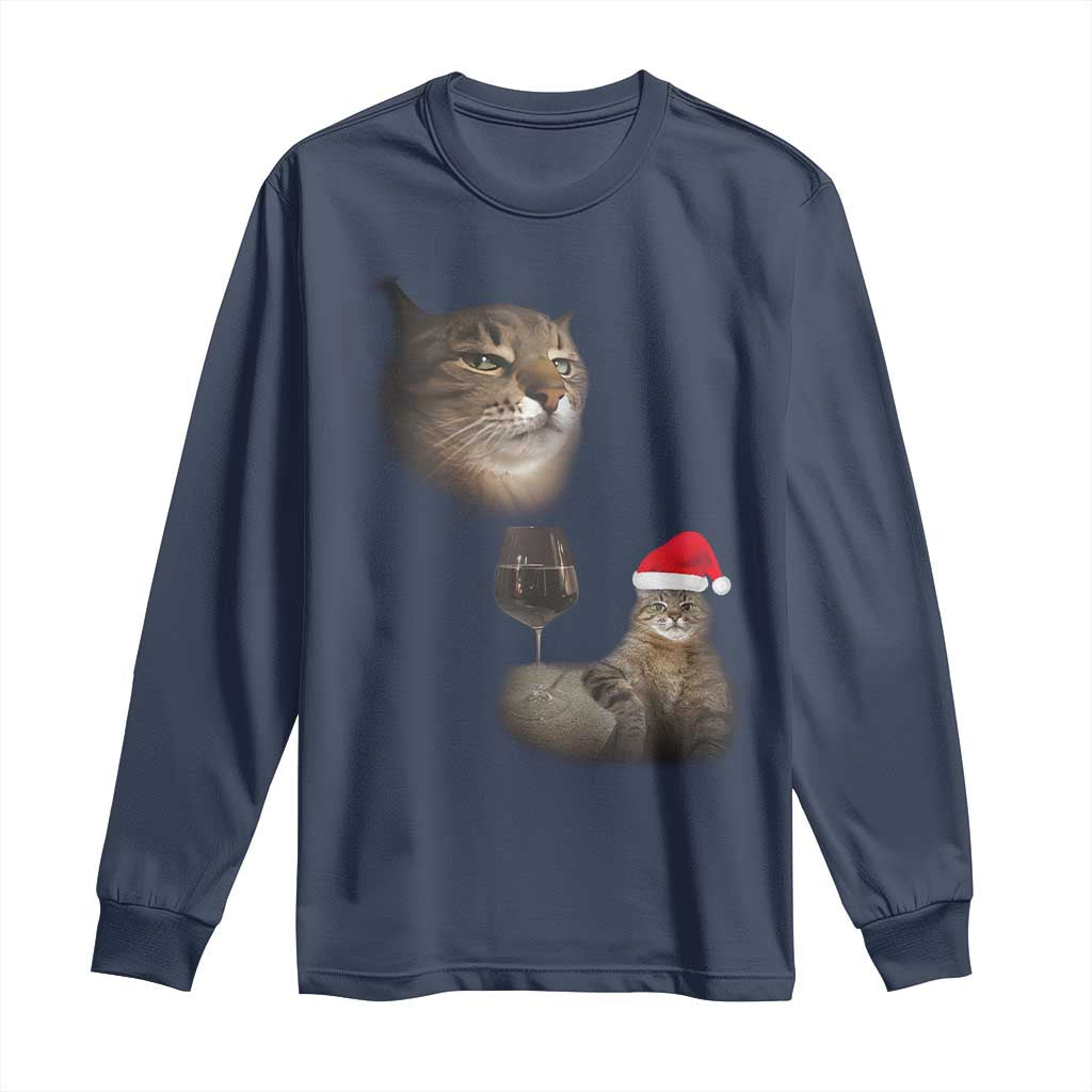 Funny Cat Christmas Long Sleeve Shirt Cats Drinking Wine Oddly Specific Meme TS14 Navy Print Your Wear