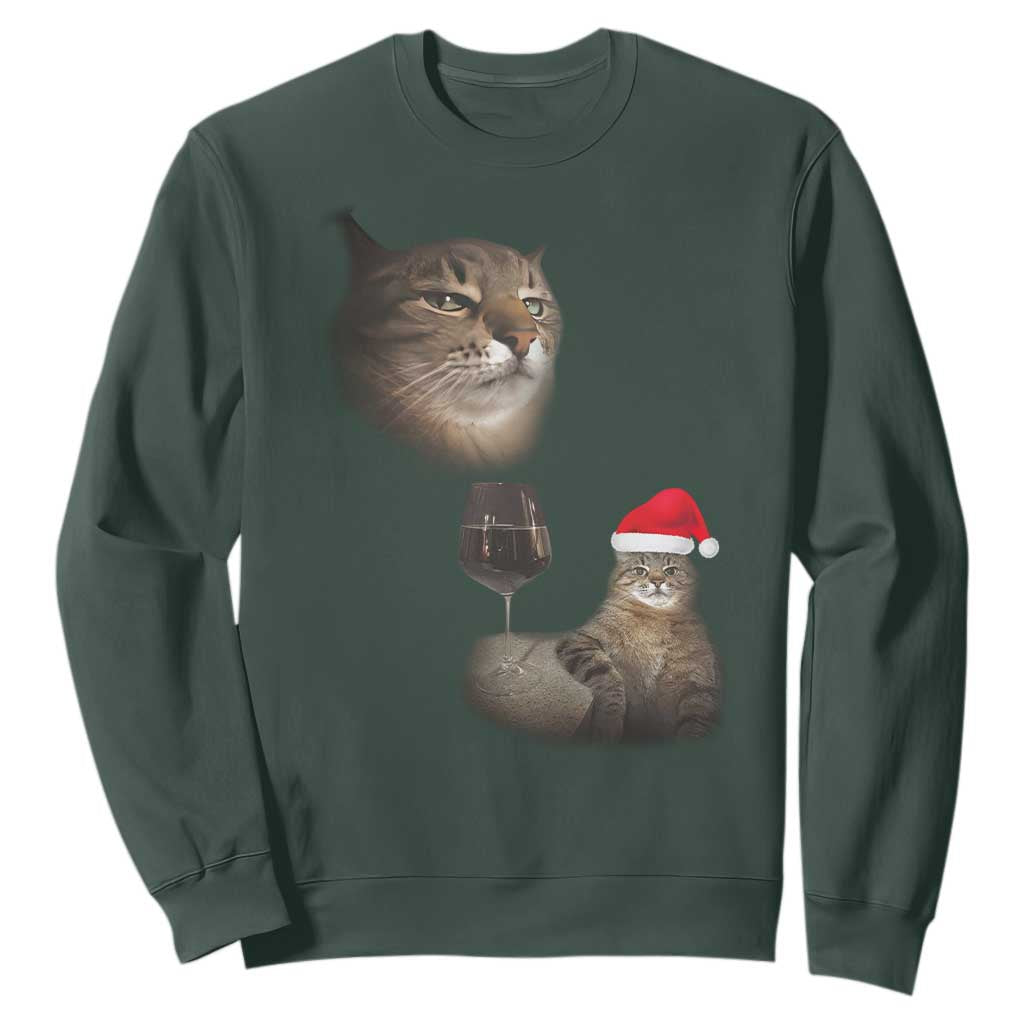 Funny Cat Christmas Sweatshirt Cats Drinking Wine Oddly Specific Meme TS14 Dark Forest Green Print Your Wear