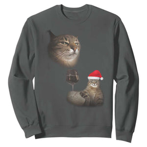 Funny Cat Christmas Sweatshirt Cats Drinking Wine Oddly Specific Meme TS14 Dark Heather Print Your Wear