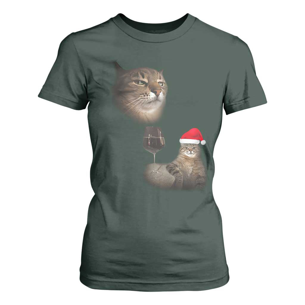 Funny Cat Christmas T Shirt For Women Cats Drinking Wine Oddly Specific Meme TS14 Dark Forest Green Print Your Wear