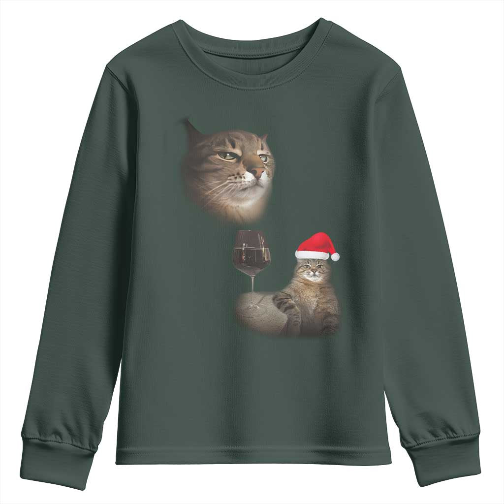 Funny Cat Christmas Youth Sweatshirt Cats Drinking Wine Oddly Specific Meme TS14 Dark Forest Green Print Your Wear