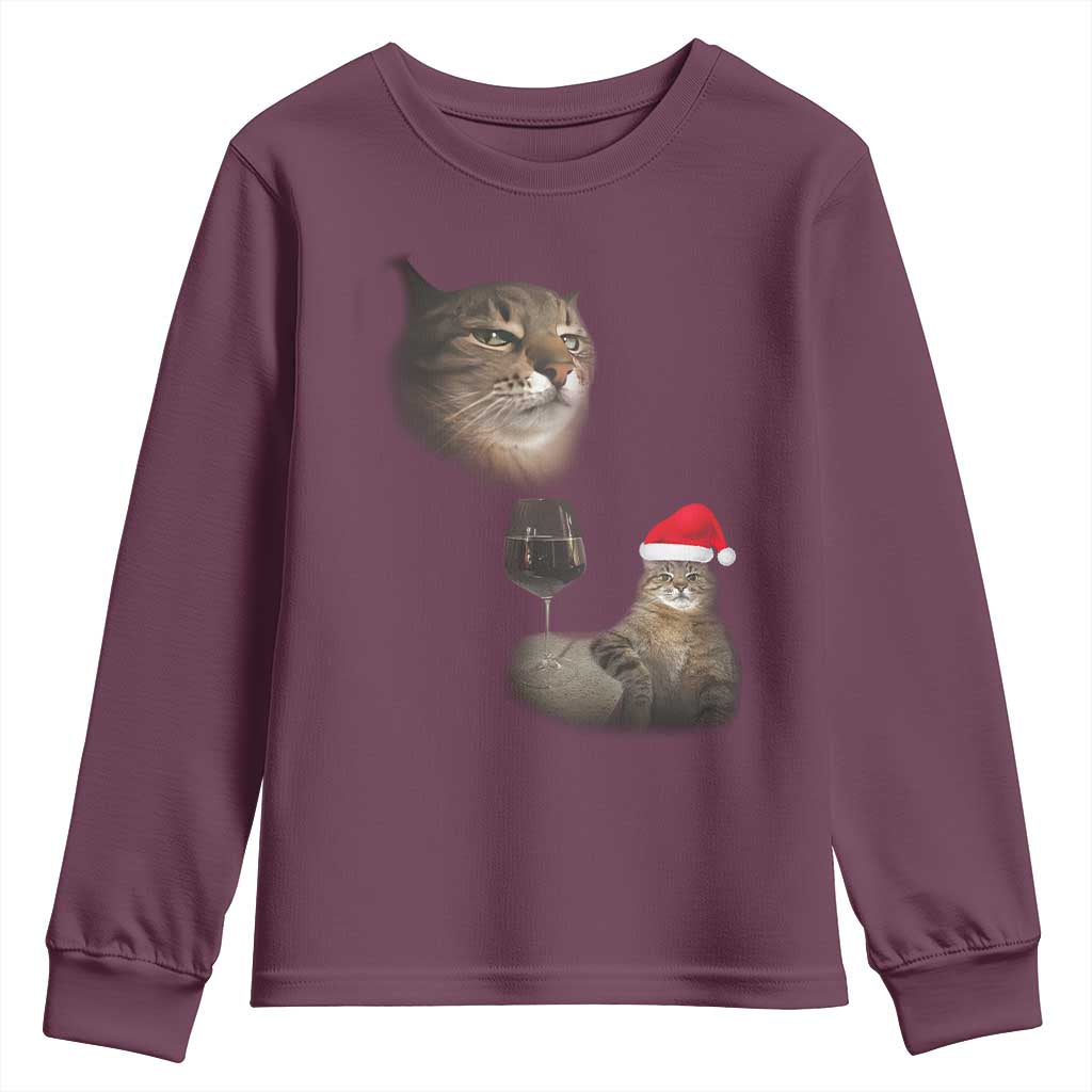 Funny Cat Christmas Youth Sweatshirt Cats Drinking Wine Oddly Specific Meme TS14 Maroon Print Your Wear