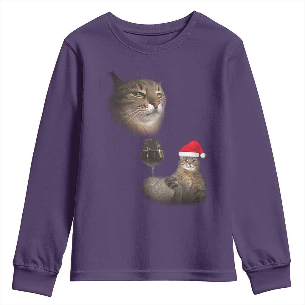 Funny Cat Christmas Youth Sweatshirt Cats Drinking Wine Oddly Specific Meme TS14 Purple Print Your Wear
