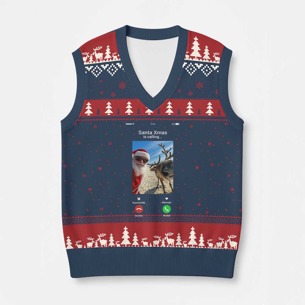 Santa Xmas Meme V-Neck Knit Sweater Vest Reindeer Video Call TS14 Navy Red Print Your Wear