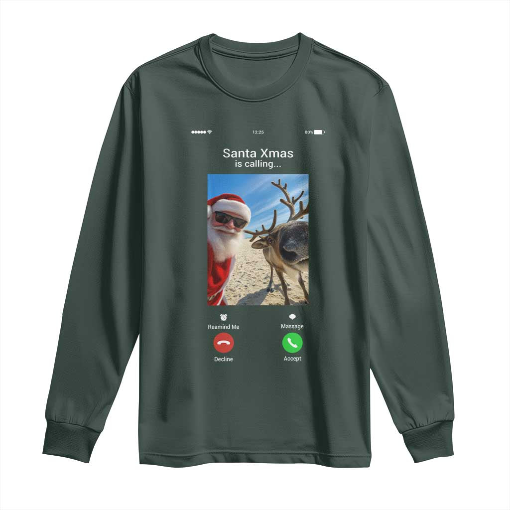 Santa Christmas Meme Long Sleeve Shirt Reindeer Video Call TS14 Dark Forest Green Print Your Wear