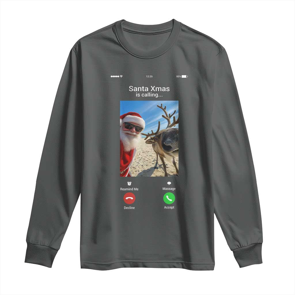 Santa Christmas Meme Long Sleeve Shirt Reindeer Video Call TS14 Dark Heather Print Your Wear