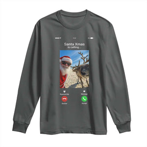 Santa Christmas Meme Long Sleeve Shirt Reindeer Video Call TS14 Dark Heather Print Your Wear