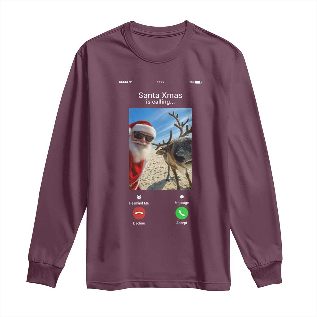 Santa Christmas Meme Long Sleeve Shirt Reindeer Video Call TS14 Maroon Print Your Wear