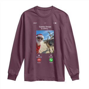 Santa Christmas Meme Long Sleeve Shirt Reindeer Video Call TS14 Maroon Print Your Wear