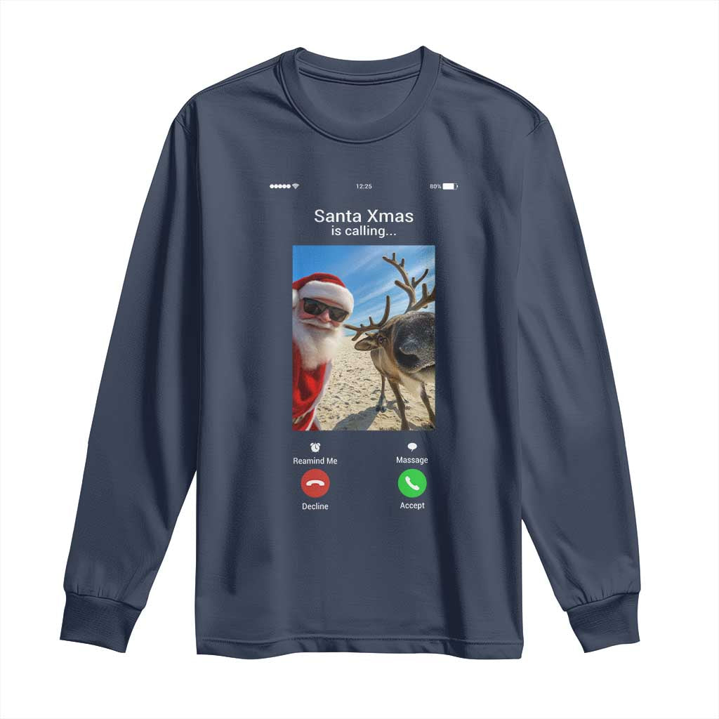 Santa Christmas Meme Long Sleeve Shirt Reindeer Video Call TS14 Navy Print Your Wear