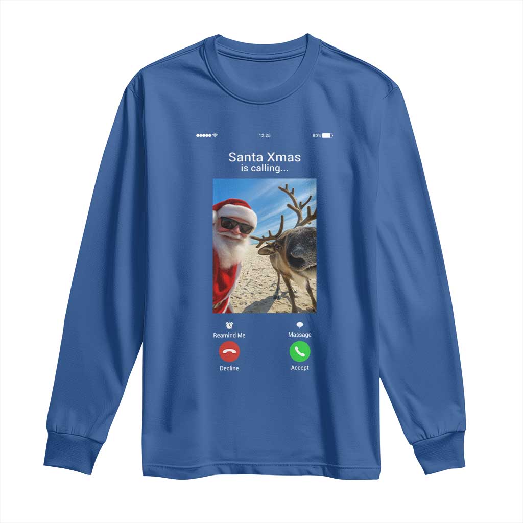 Santa Christmas Meme Long Sleeve Shirt Reindeer Video Call TS14 Royal Blue Print Your Wear