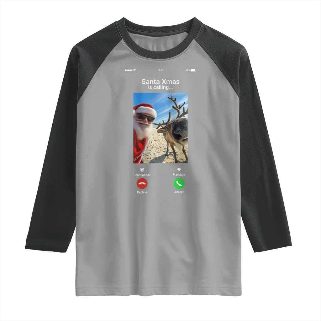 Santa Christmas Meme Raglan Shirt Reindeer Video Call TS14 Sport Gray Black Print Your Wear