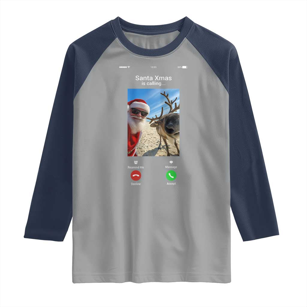 Santa Christmas Meme Raglan Shirt Reindeer Video Call TS14 Sport Gray Navy Print Your Wear