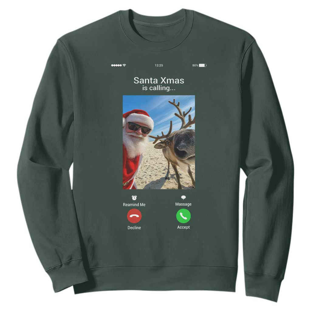 Santa Christmas Meme Sweatshirt Reindeer Video Call TS14 Dark Forest Green Print Your Wear