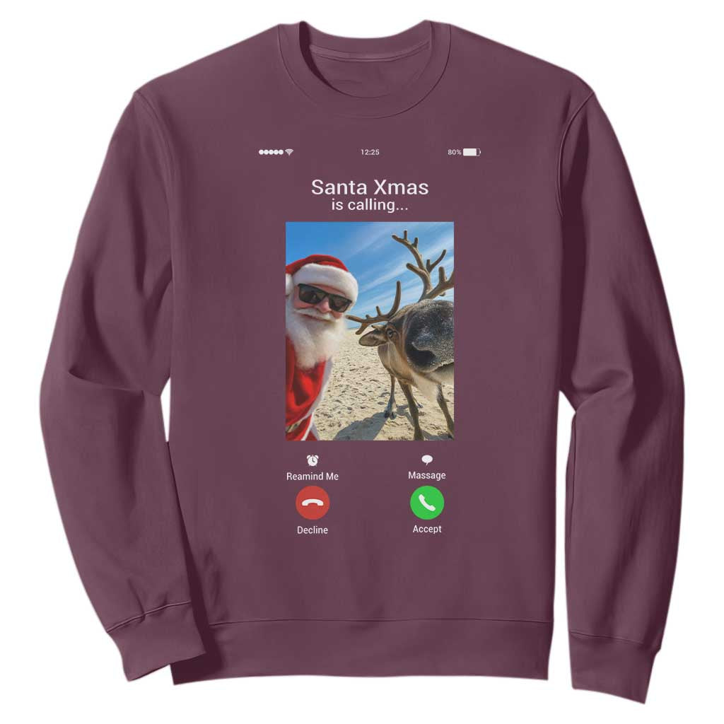 Santa Christmas Meme Sweatshirt Reindeer Video Call TS14 Maroon Print Your Wear