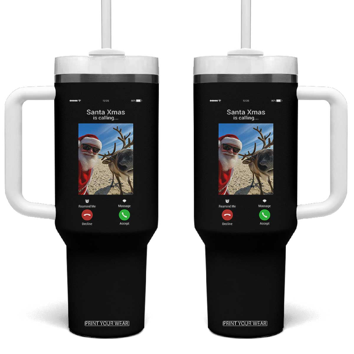 Santa Christmas Meme Tumbler With Handle Reindeer Video Call - Print Your Wear