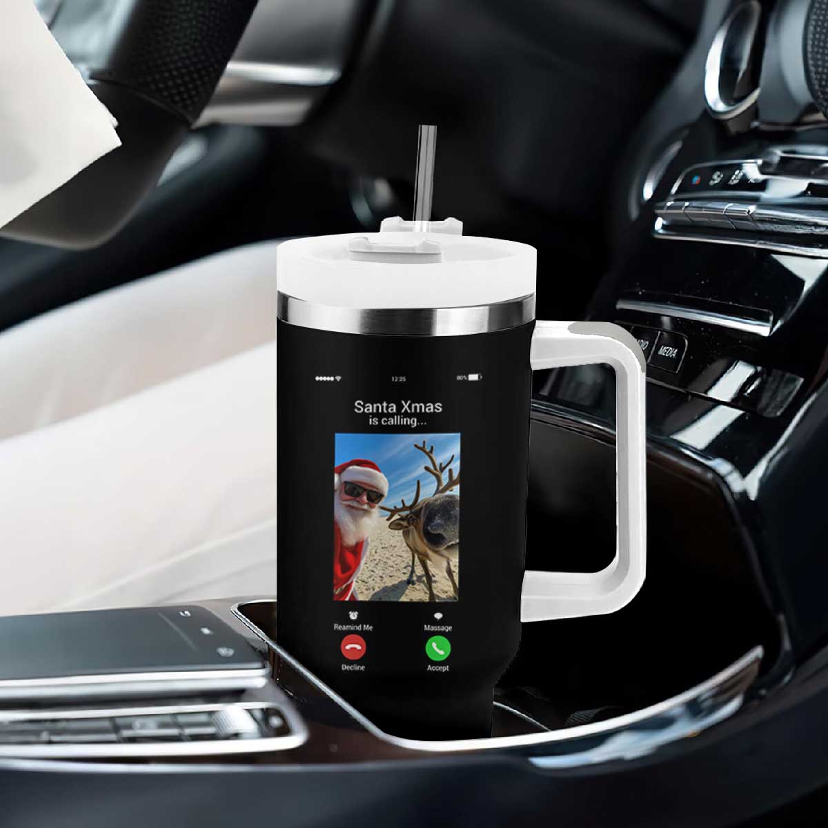 Santa Christmas Meme Tumbler With Handle Reindeer Video Call - Print Your Wear