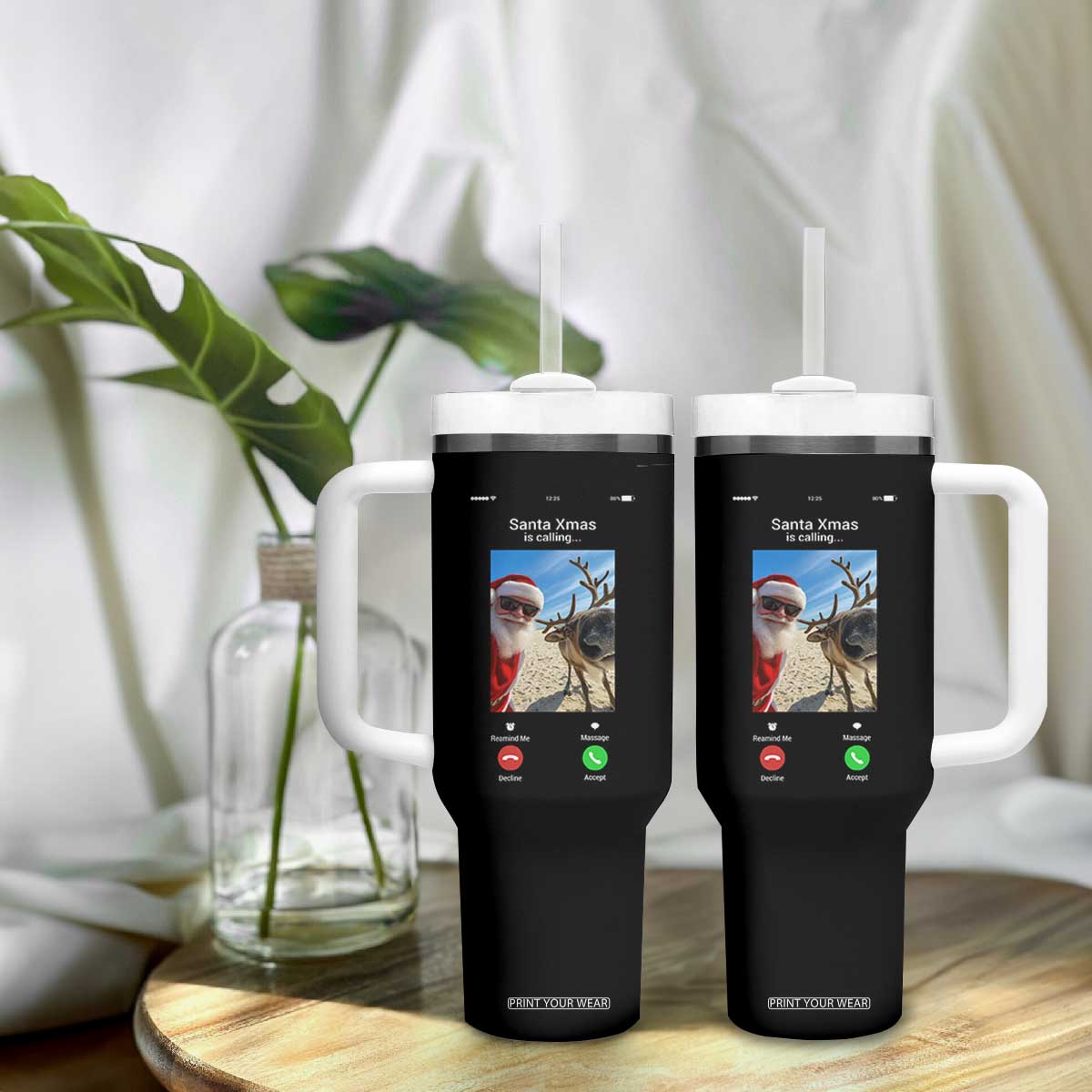 Santa Christmas Meme Tumbler With Handle Reindeer Video Call - Print Your Wear