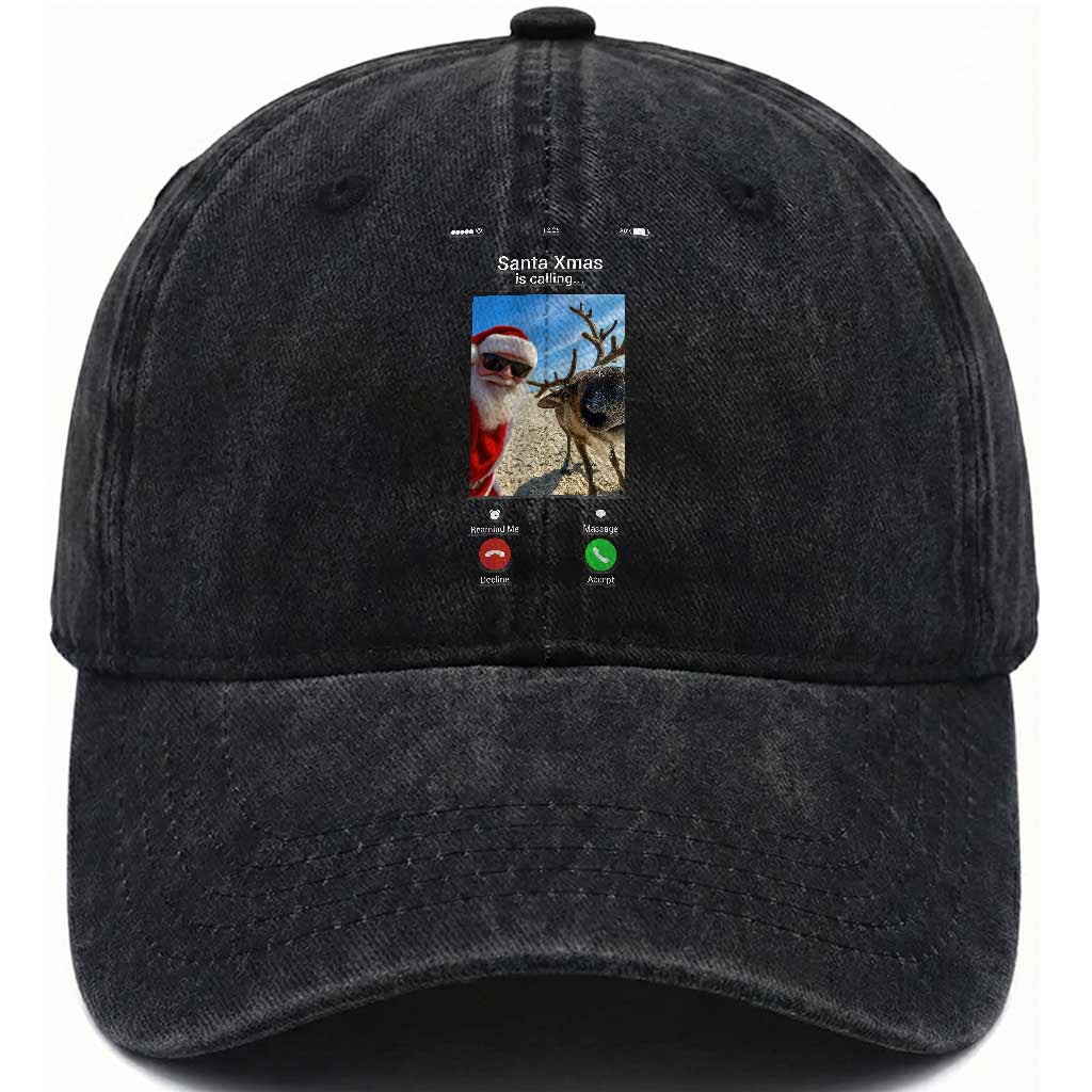 Santa Christmas Meme Washed Cotton Baseball Cap Reindeer Video Call TS14 Washed Cap Universal Fit Black Print Your Wear