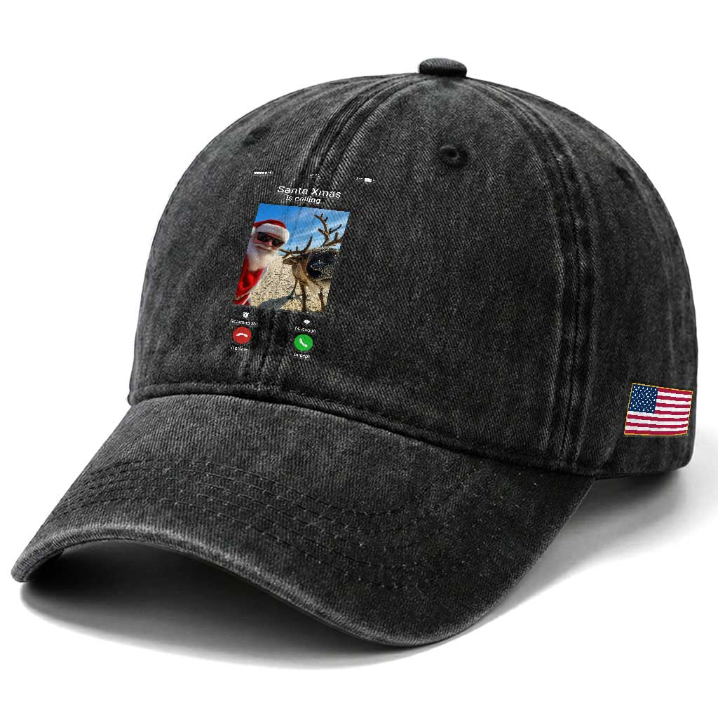 Santa Christmas Meme Washed Cotton Baseball Cap Reindeer Video Call TS14 Print Your Wear