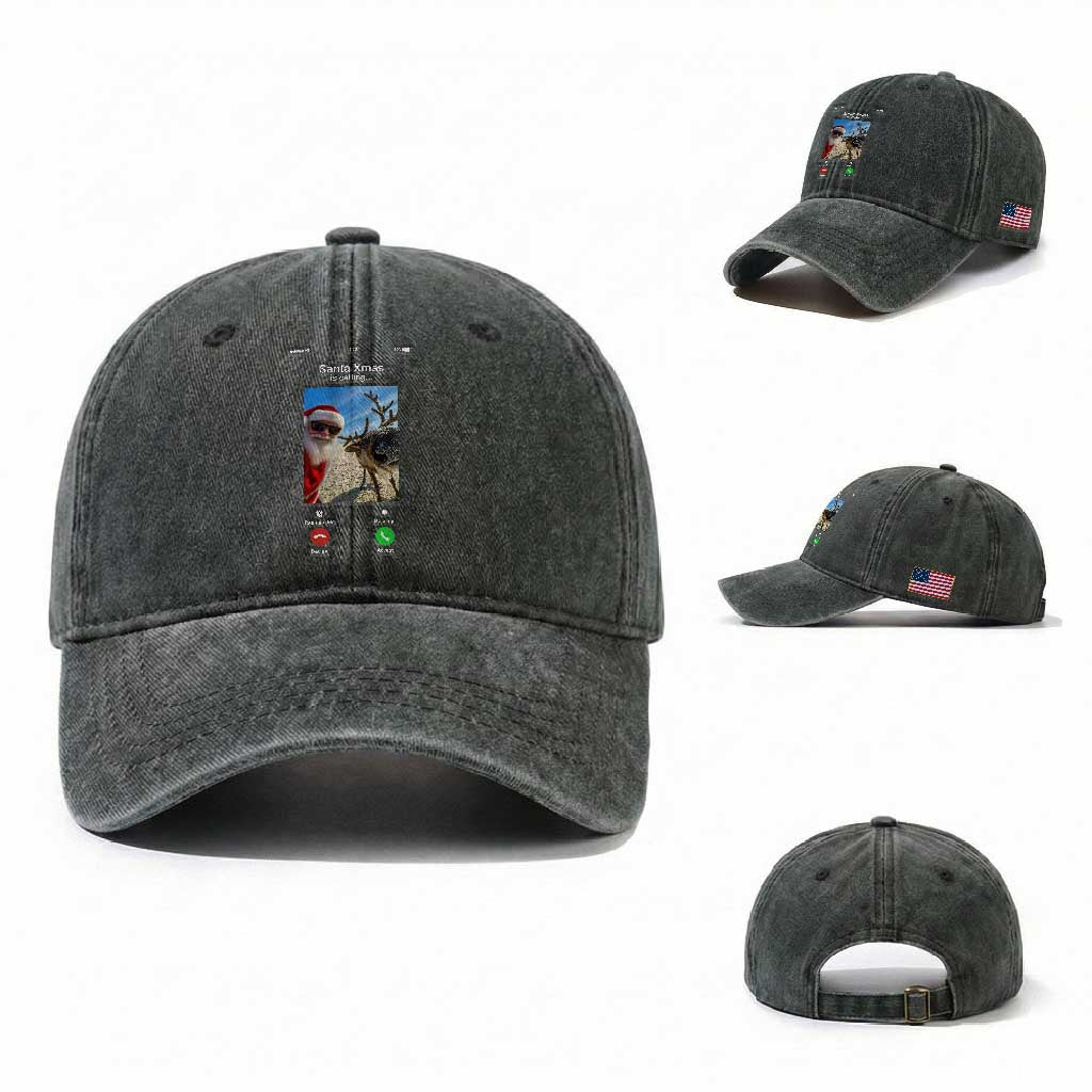 Santa Christmas Meme Washed Cotton Baseball Cap Reindeer Video Call TS14 Washed Cap Universal Fit Dark Green Print Your Wear