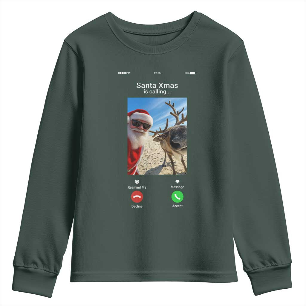 Santa Christmas Meme Youth Sweatshirt Reindeer Video Call TS14 Dark Forest Green Print Your Wear