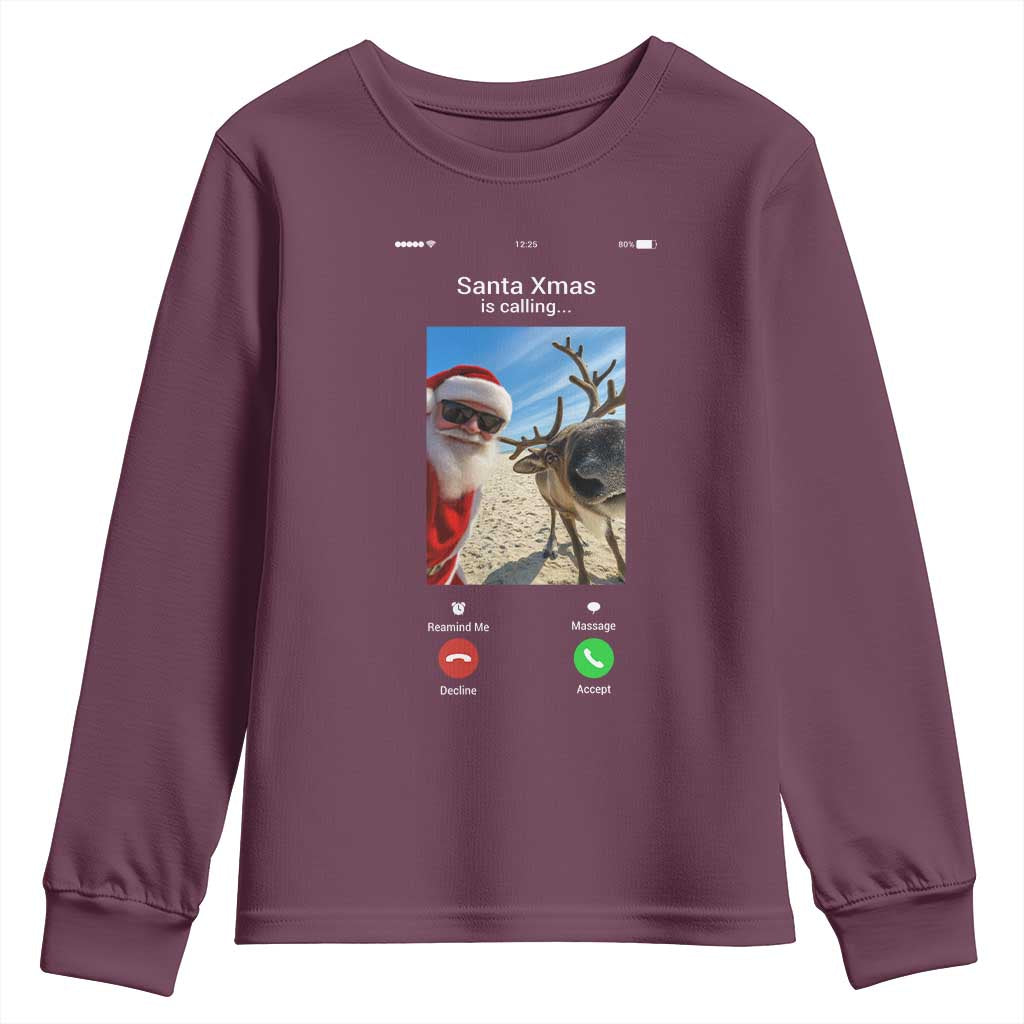 Santa Christmas Meme Youth Sweatshirt Reindeer Video Call TS14 Maroon Print Your Wear