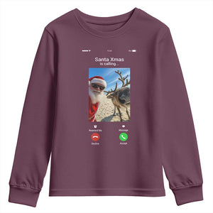Santa Christmas Meme Youth Sweatshirt Reindeer Video Call TS14 Maroon Print Your Wear