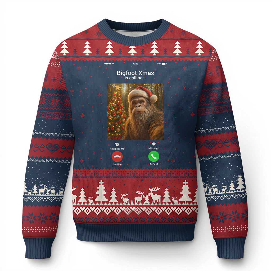 Funny Bigfoot Xmas Ugly Christmas Sweater Sasquatch Video Call Meme TS14 Navy Red Print Your Wear