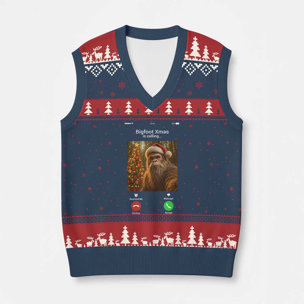 Funny Bigfoot Xmas V-Neck Knit Sweater Vest Sasquatch Video Call Meme TS14 Navy Red Print Your Wear