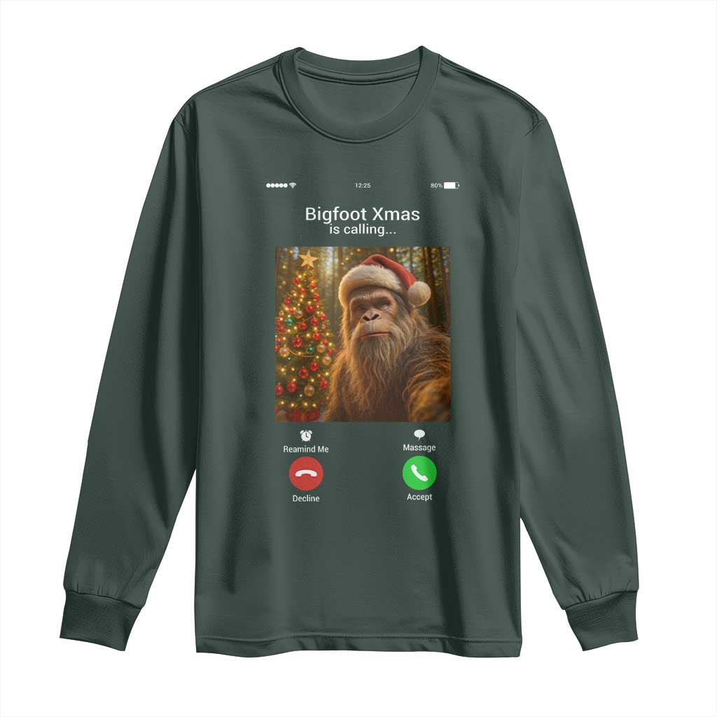 Funny Bigfoot Christmas Long Sleeve Shirt Sasquatch Video Call Meme TS14 Dark Forest Green Print Your Wear