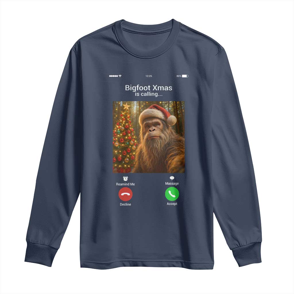 Funny Bigfoot Christmas Long Sleeve Shirt Sasquatch Video Call Meme TS14 Navy Print Your Wear
