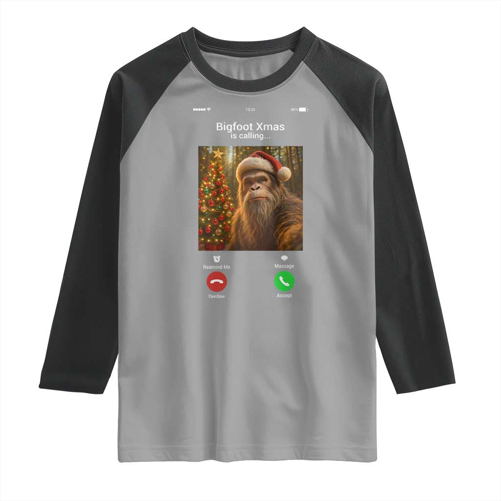 Funny Bigfoot Christmas Raglan Shirt Sasquatch Video Call Meme TS14 Sport Gray Black Print Your Wear